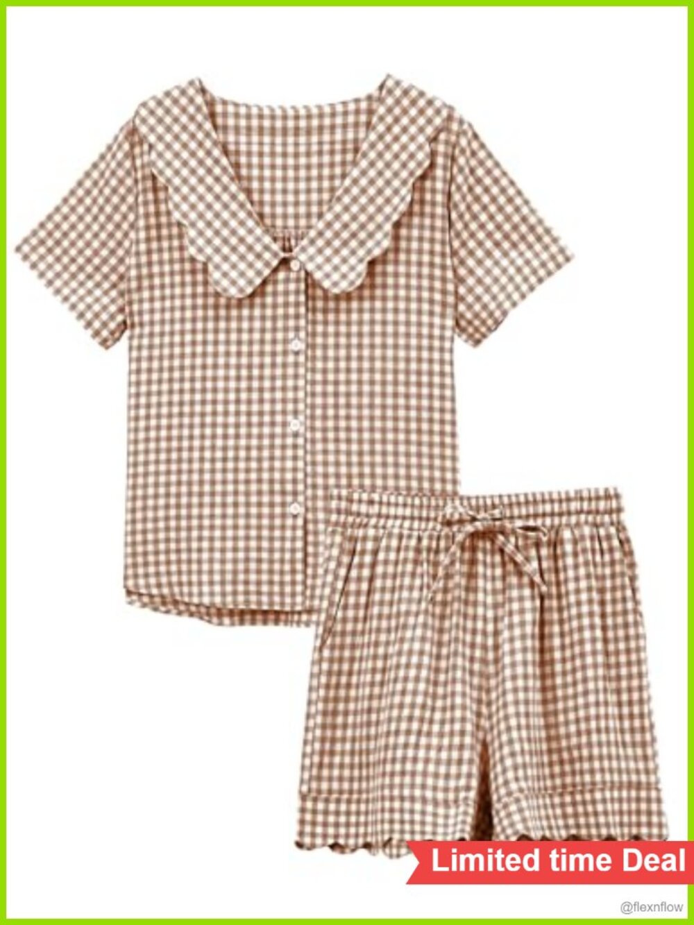 Womens Cotton Plaid 2 Piece Pajama Set Short Sleeve Babydoll Top & Shorts Lounge